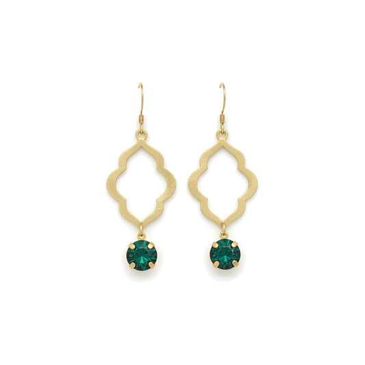Emerald Crystal & Brushed Gold Marquise Drop Earrings