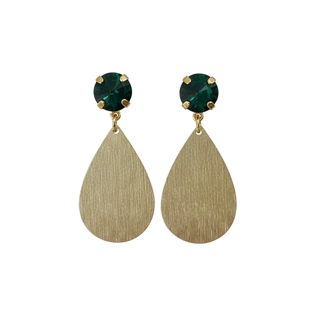 Emerald Crystal & Brushed Gold Teardrop Drop Earrings