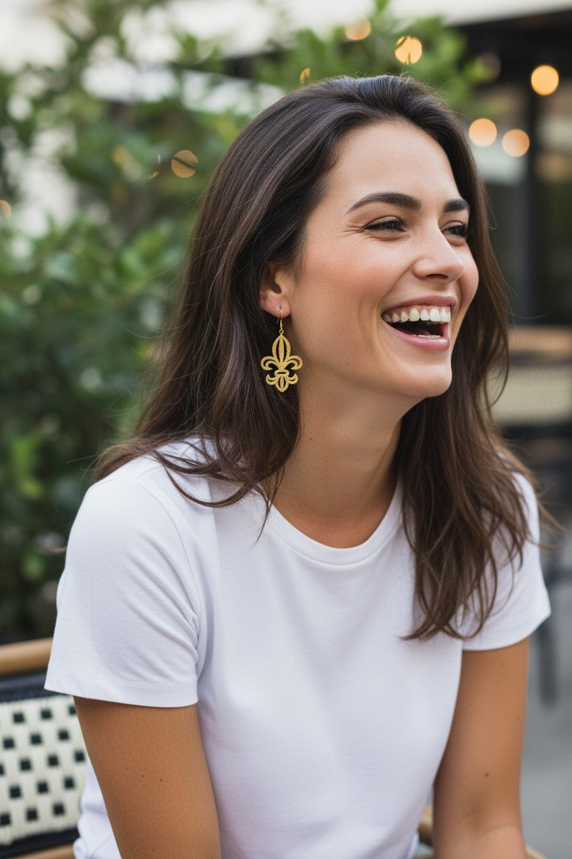 Brushed Gold Fleur De Lis Pendant Earrings - E19-4738