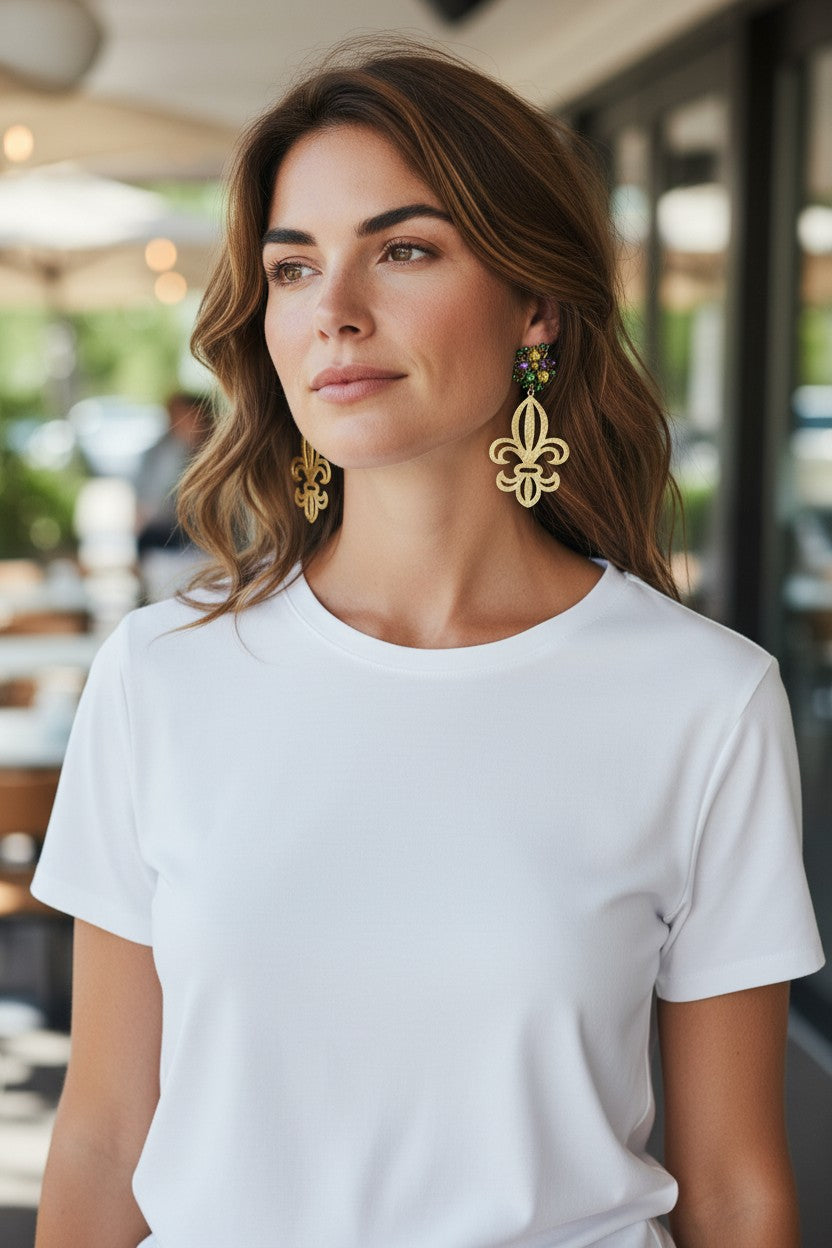 Mardi Gras Themed Fleur De Lis Pendant Stud Earrings - E19-4739