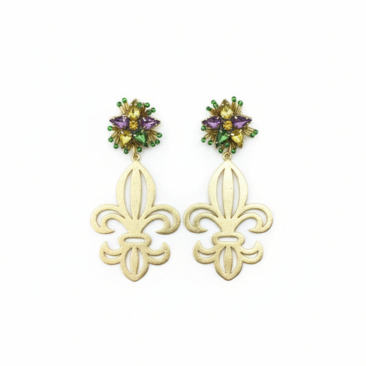 Mardi Gras Themed Fleur De Lis Pendant Stud Earrings - E19-4739