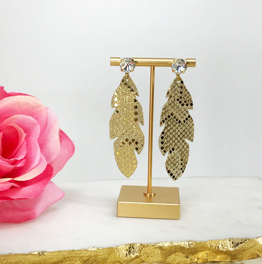 Genuine Crystal & Leather Feather Stud Earrings - E19-4743