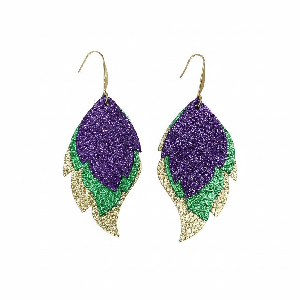 Mardi Gras Metallic Pebbled Layered Leather Earrings