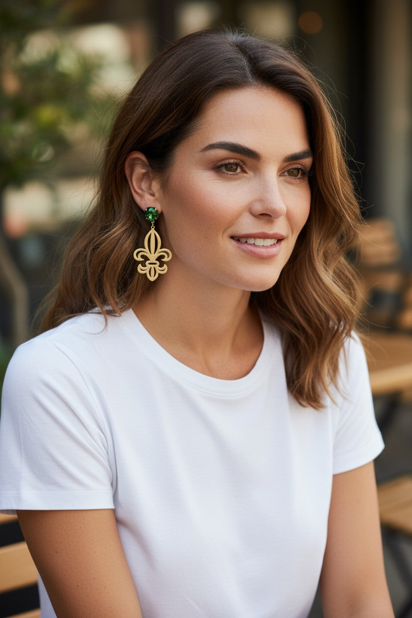 Genuine Crystal & Fleur De Lis Pendant Stud Earrings - E19-4746