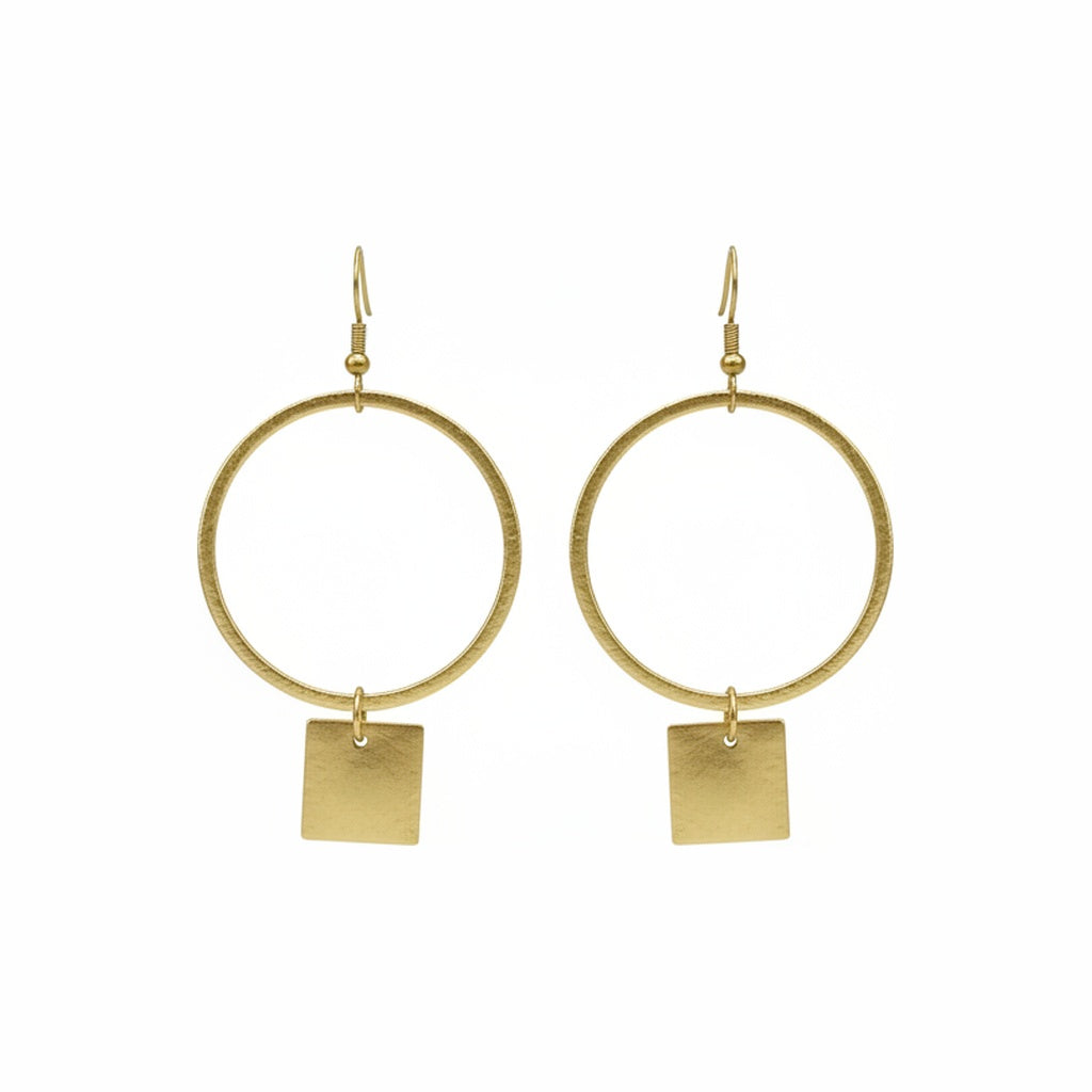 Brushed Gold Hoop & Square Drop Earrings