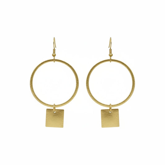 Brushed Gold Hoop & Square Drop Earrings