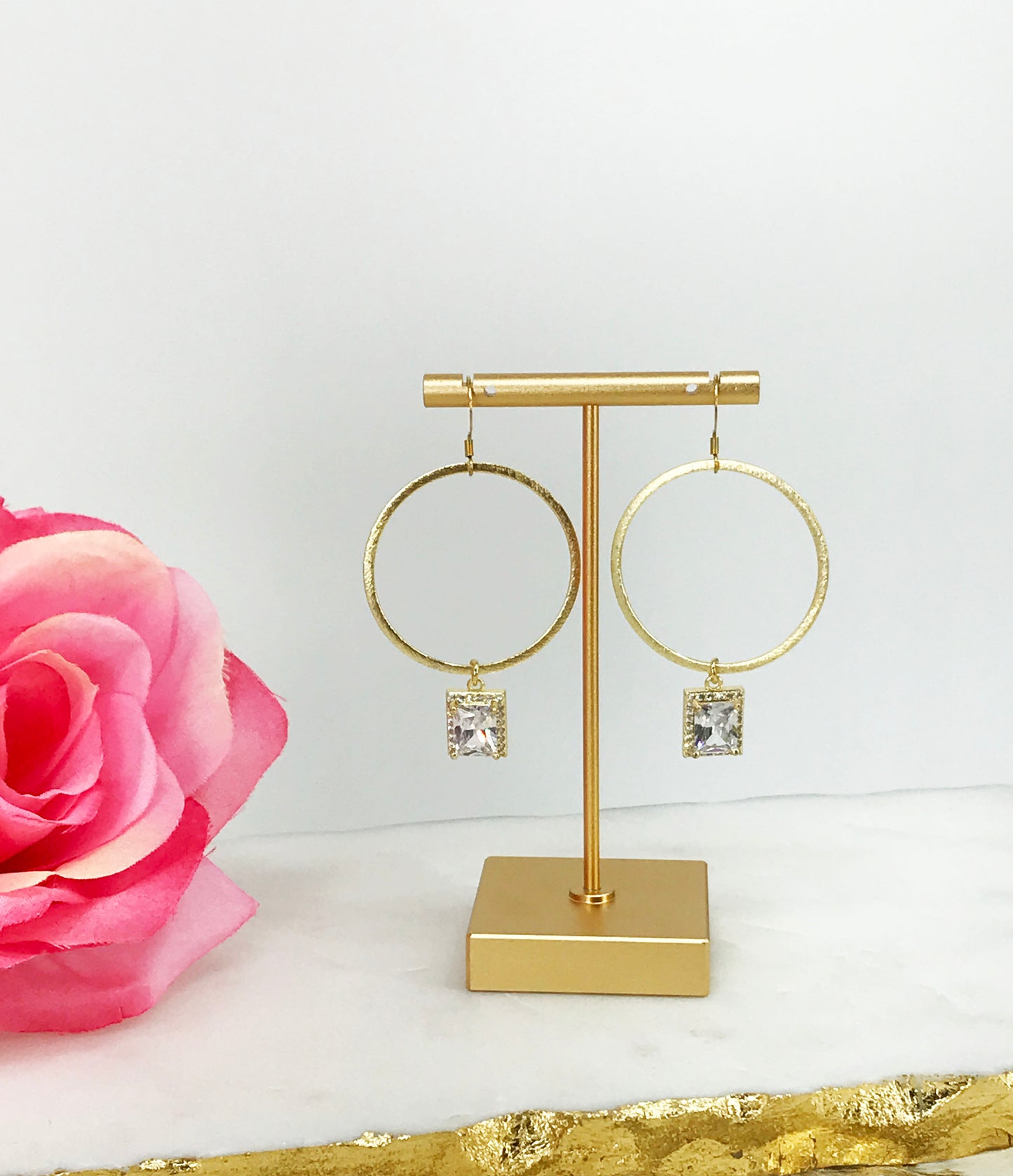 Large Gold Hoop & CZ Pendant Earrings - E19-4760