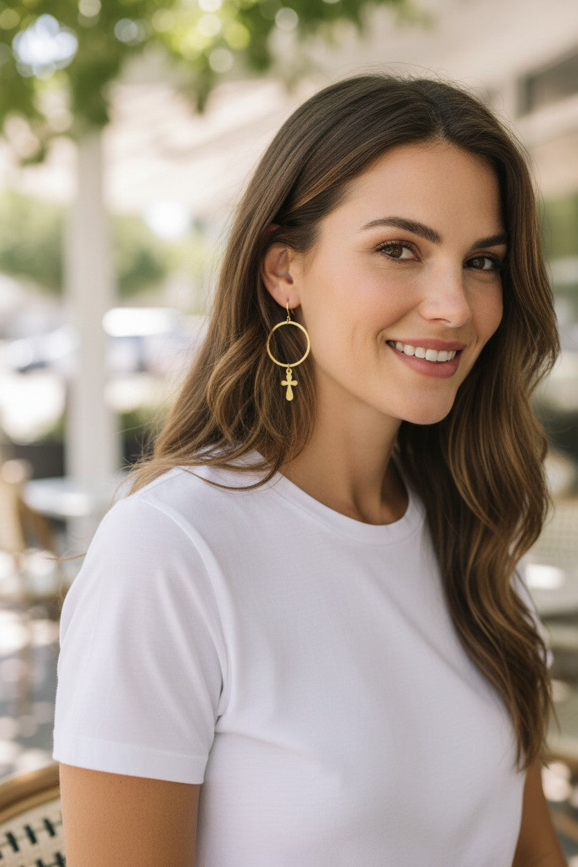 Brushed Gold Hoop & Cross Pendant Earrings - E19-4762