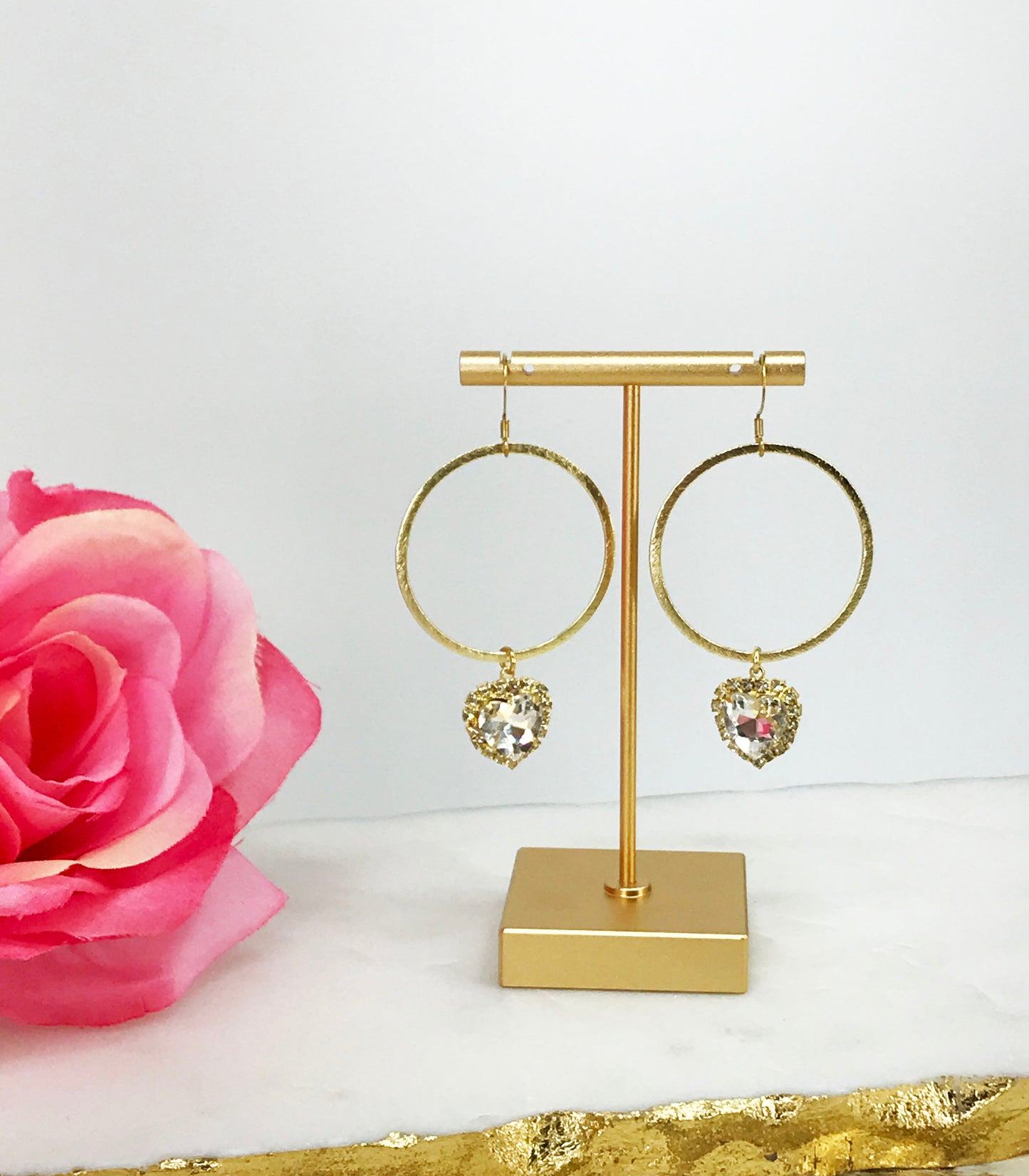 Gold Hoop & Heart Rhinestone Pendant Earrings - E19-4766