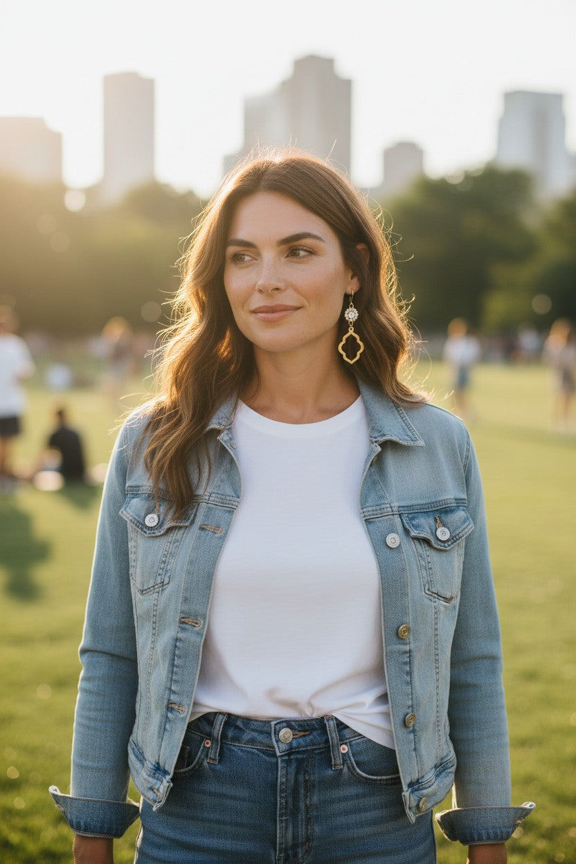 Rhinestone & Brushed Gold Pendant Earrings - E19-4771