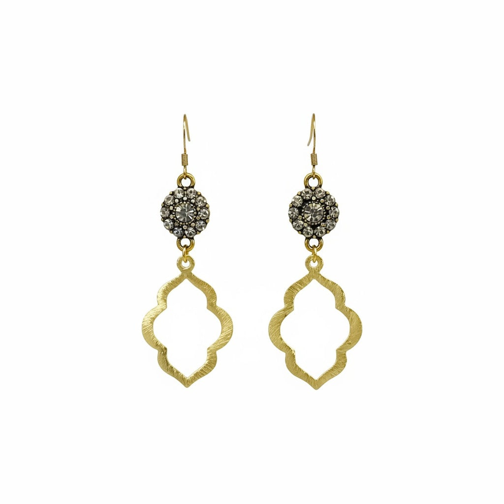 Crystal Bloom & Brushed Gold Quatrefoil Drop Earrings