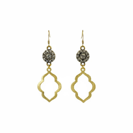 Crystal Bloom & Brushed Gold Quatrefoil Drop Earrings