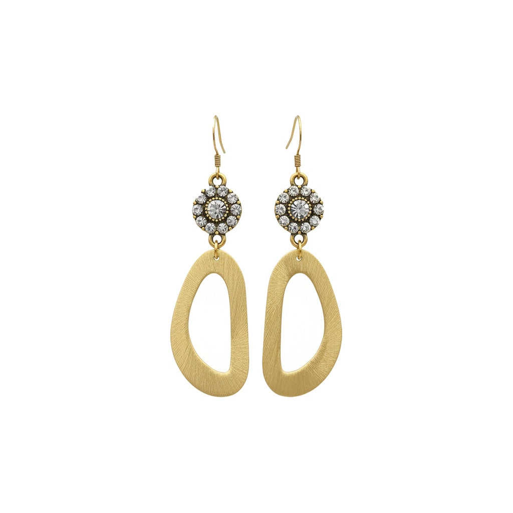 Crystal Bloom & Brushed Gold Geometric Drop Earrings