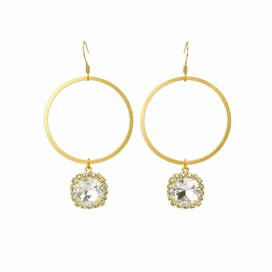 Brushed Gold Hoop & Crystal Drop Earrings