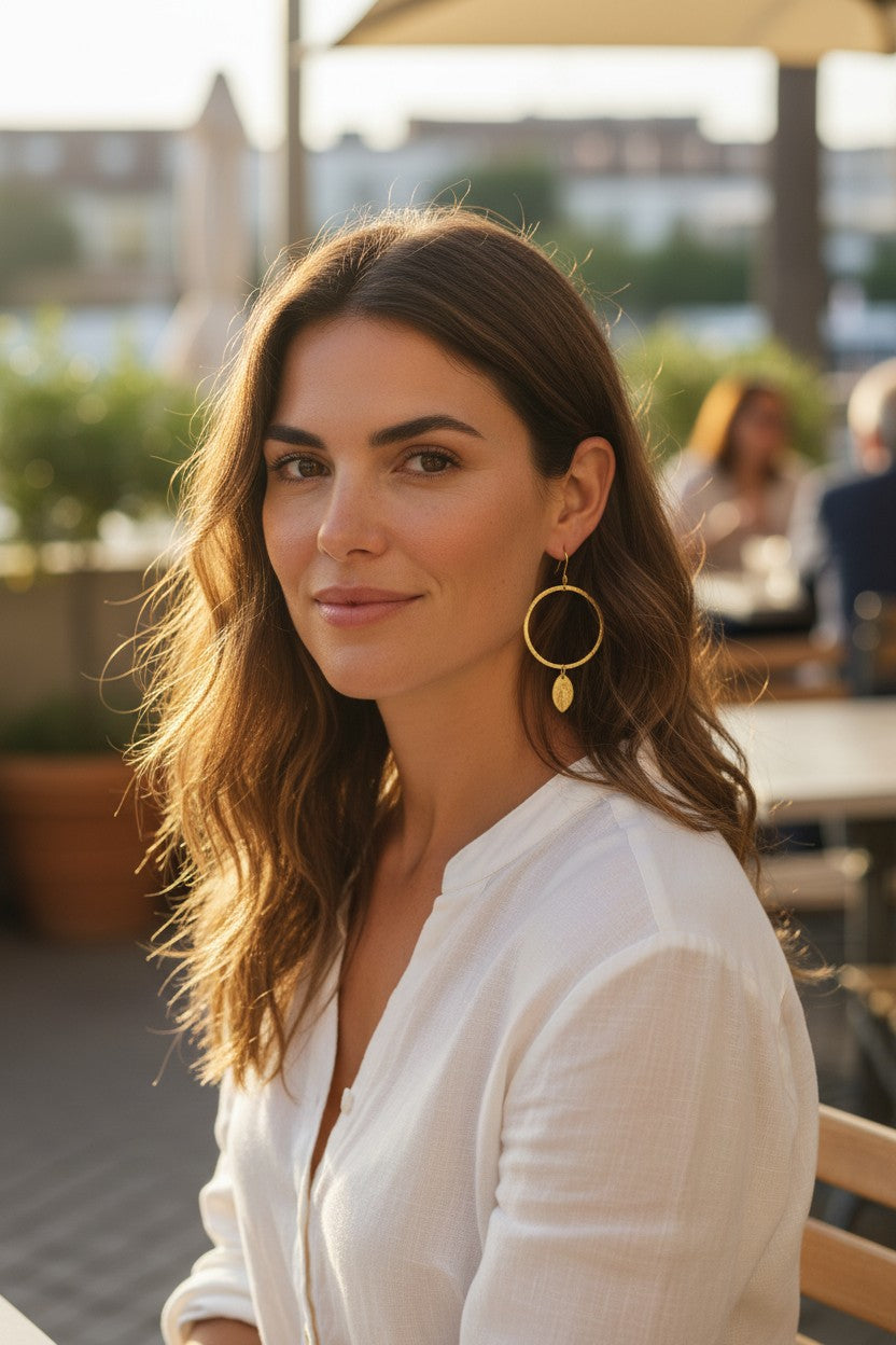 Brushed Gold Hoop & Leaf Charm Drop Earrings