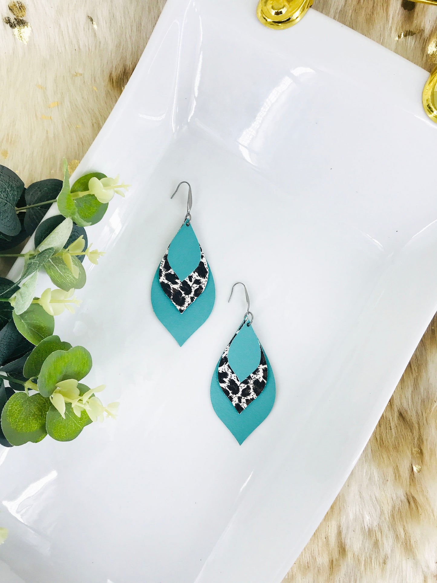Aqua and Leopard Leather Earrings - E19-477