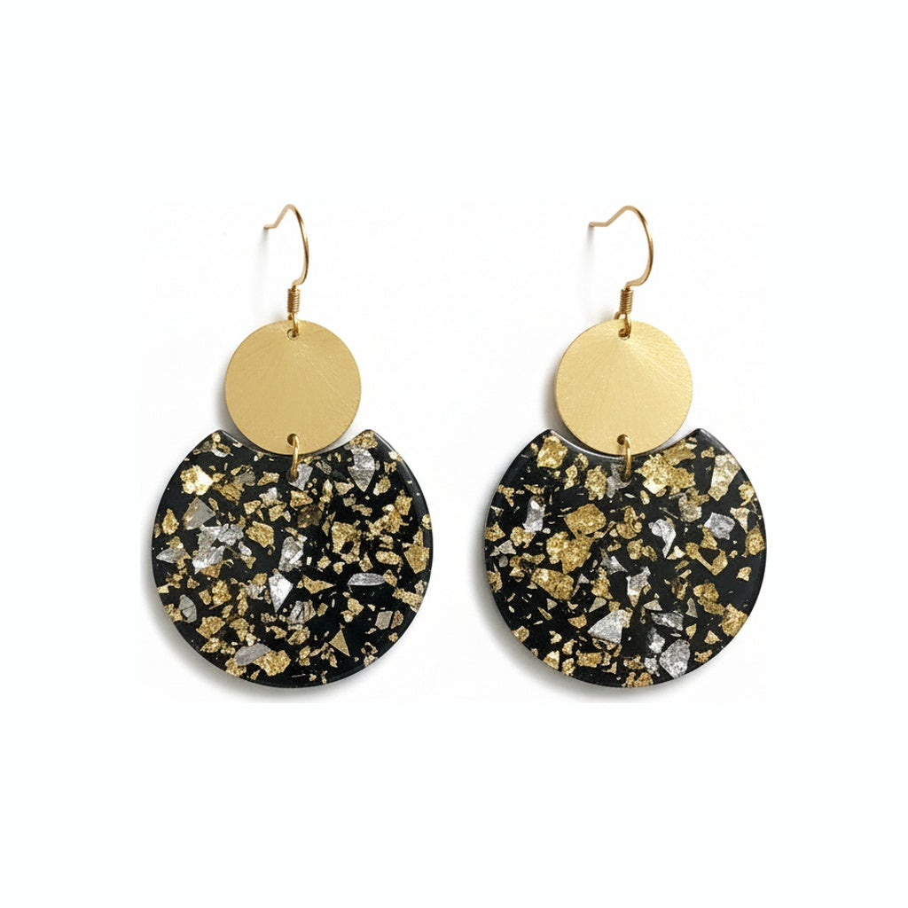 Black & Gold Flake Resin Drop Earrings