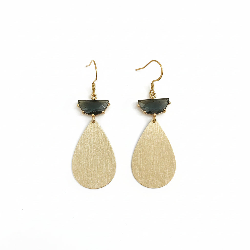 Midnight Crystal & Brushed Gold Teardrop Drop Earrings