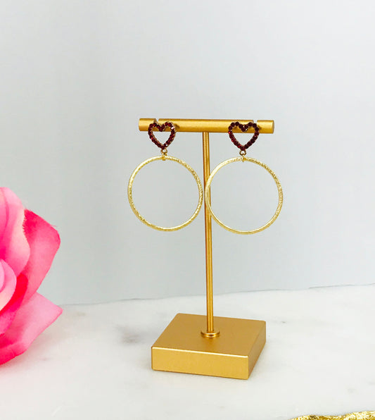 Rhinestone Heart & Brushed Gold Hoop Stud Earrings - E19-4845