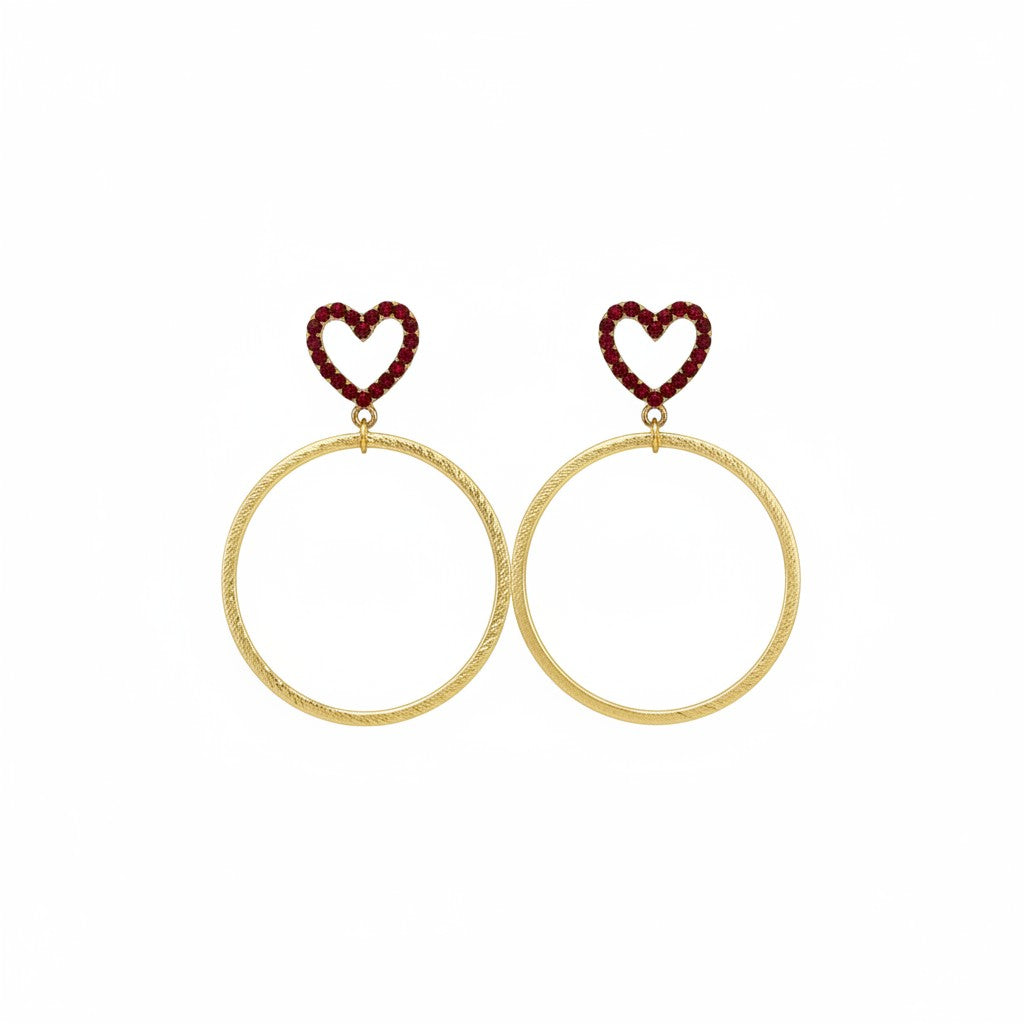Ruby Heart & Brushed Gold Hoop Earrings