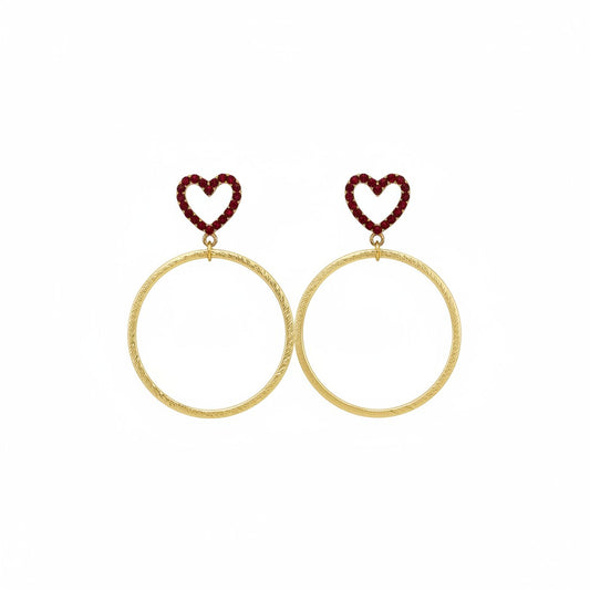 Ruby Heart & Brushed Gold Hoop Earrings