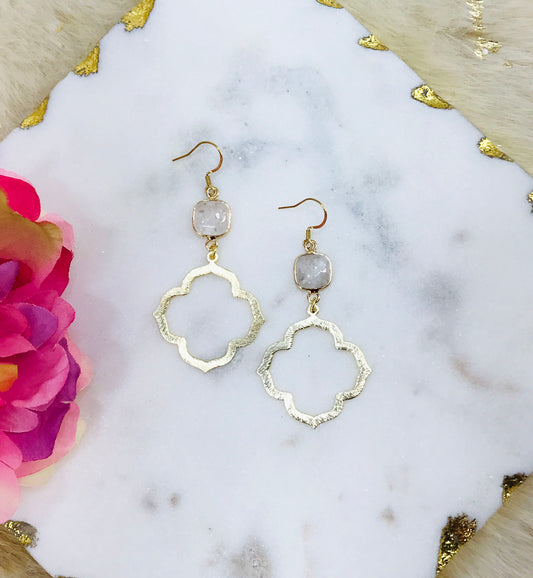 Gemstone & Brushed Gold Pendant Earrings - E19-4847