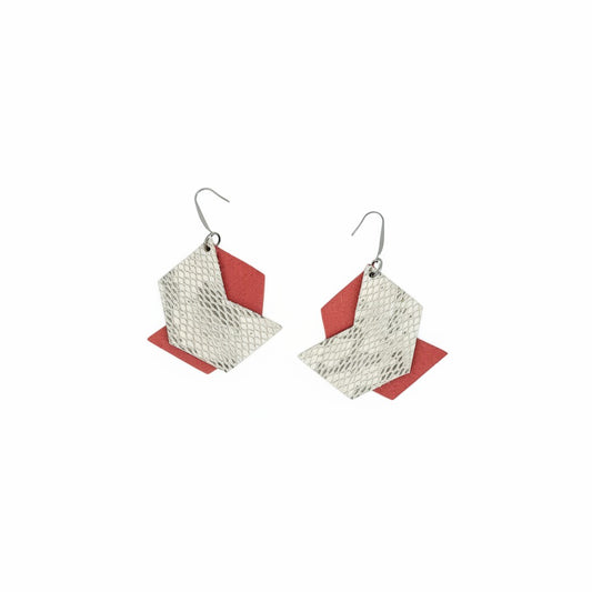 Salmon and Urban Snake Layered Leather Earrings
