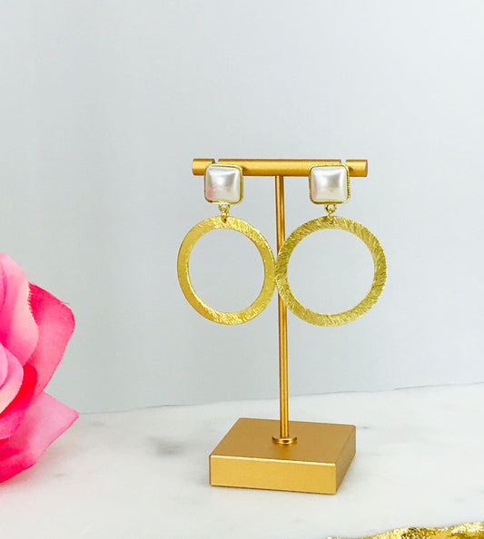 Square Pearl Stud & Brushed Gold Hoop Earrings - E19-4875