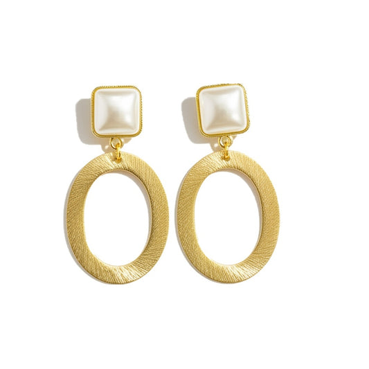 Pearl Square Stud & Textured Gold Oval Earrings