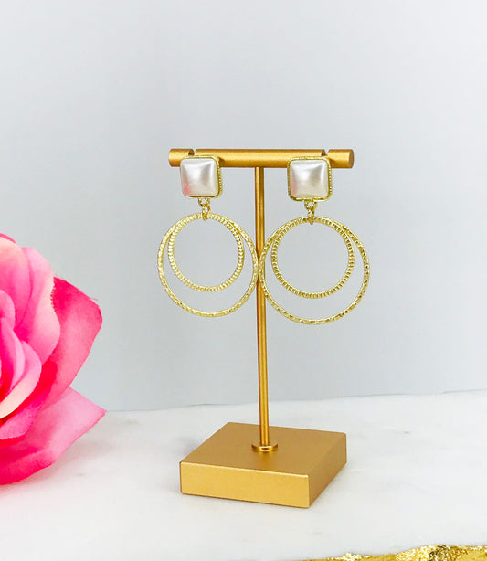 Square Pearl & Gold Pendant Stud Earrings - E19-4876
