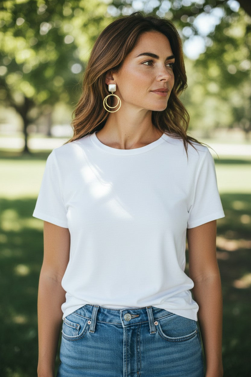 Pearl Square Stud & Textured Gold Hoop Earrings