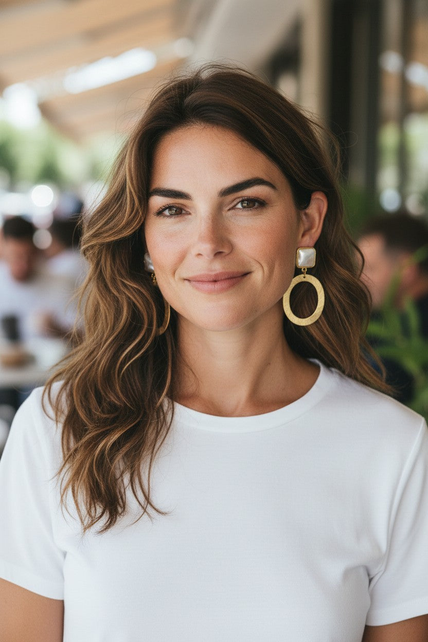 Square Pearl Stud & Brushed Gold Oval Pendant Earrings - E19-4877