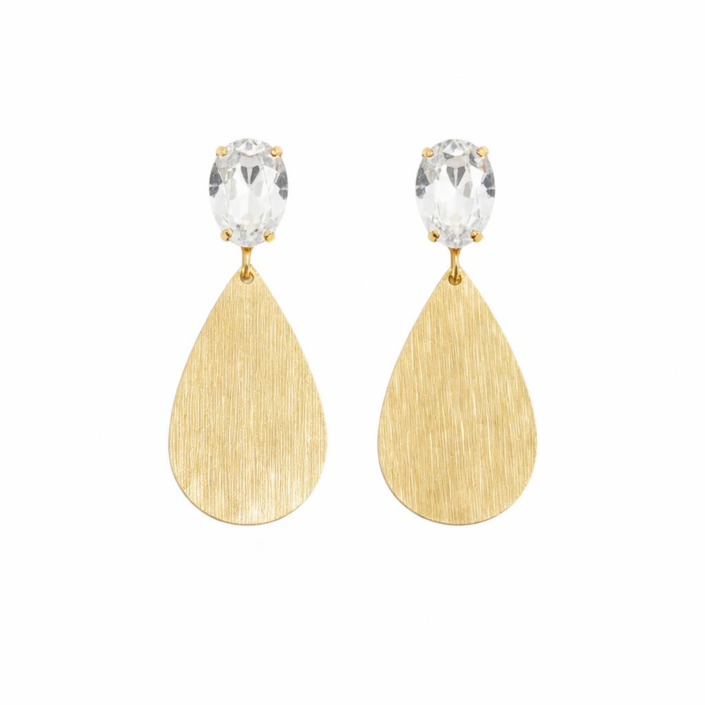 Crystal Stud & Brushed Gold Teardrop Drop Earrings