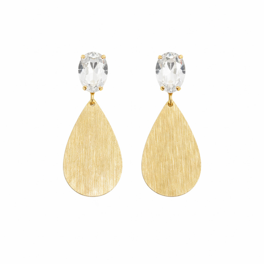 Crystal Stud & Brushed Gold Teardrop Drop Earrings