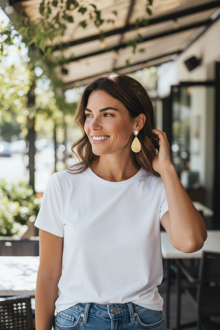 Rhinestone Stud & Gold Teardrop Pendant Earrings - E19-4878