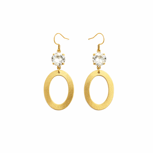 Cushion Crystal & Brushed Gold Oval Drop Earrings