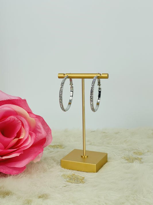 1.5" Rhinestone Silver Tone Hoops