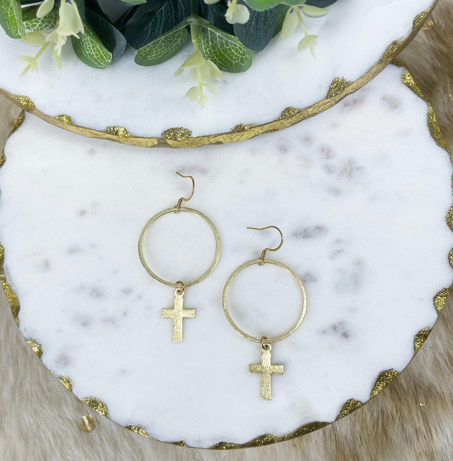 Brushed Gold Cross Hoop Earrings