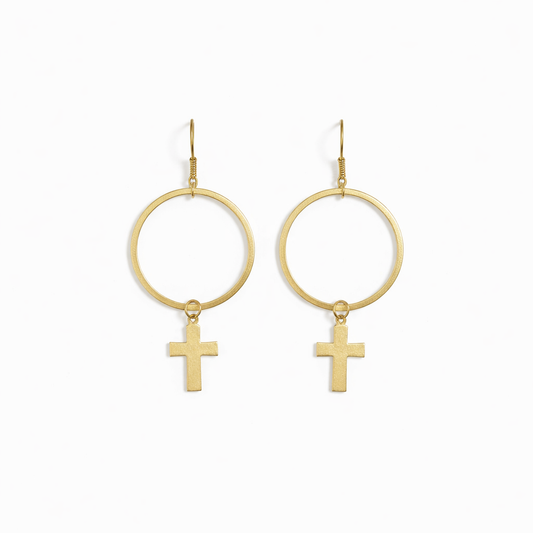 Brushed Gold Cross Hoop Earrings