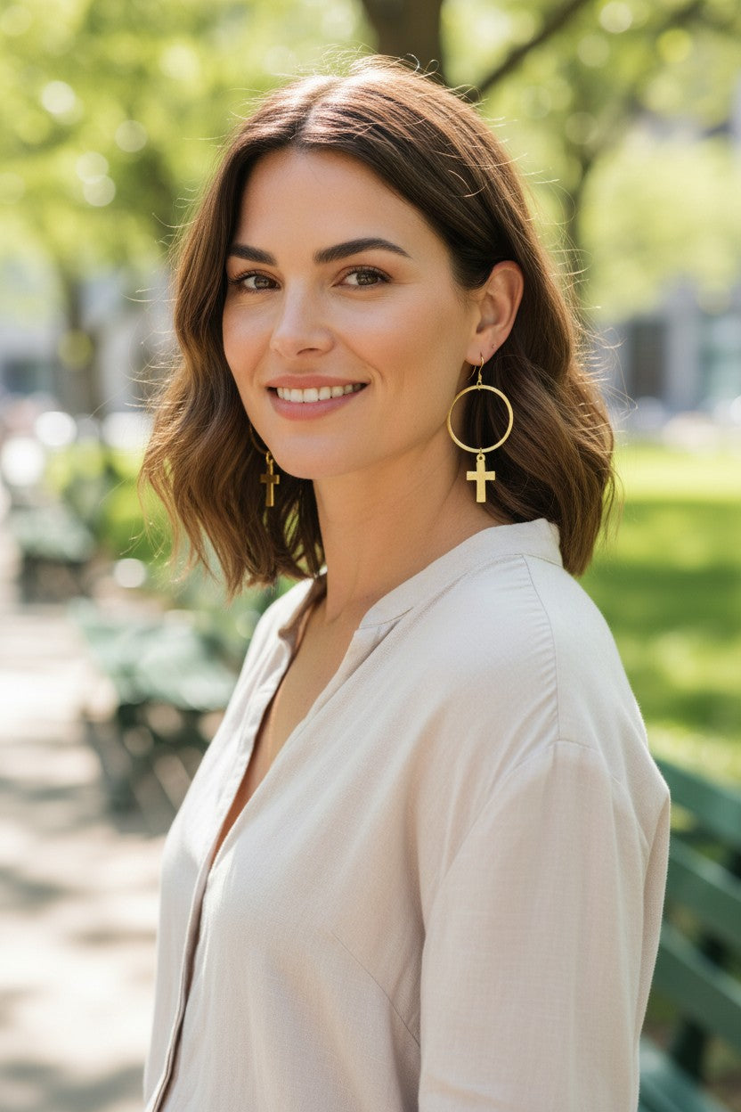 Brushed Gold Cross Hoop Earrings