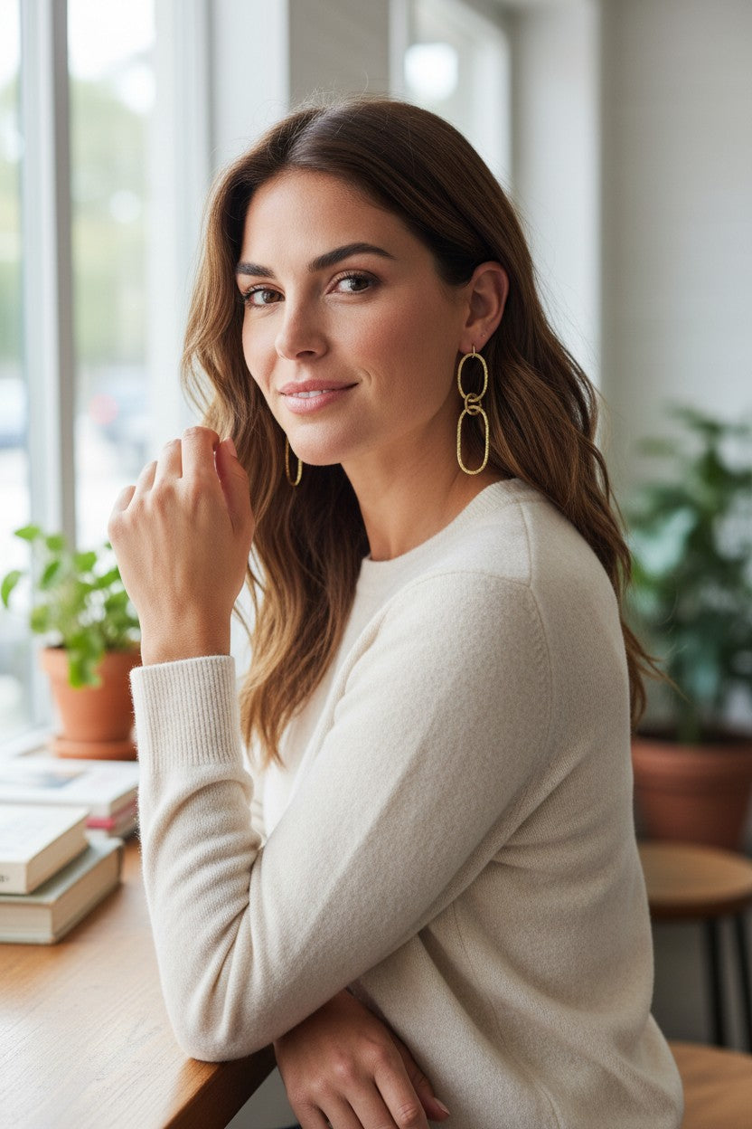 Golden Double-Link Oval Drop Earrings