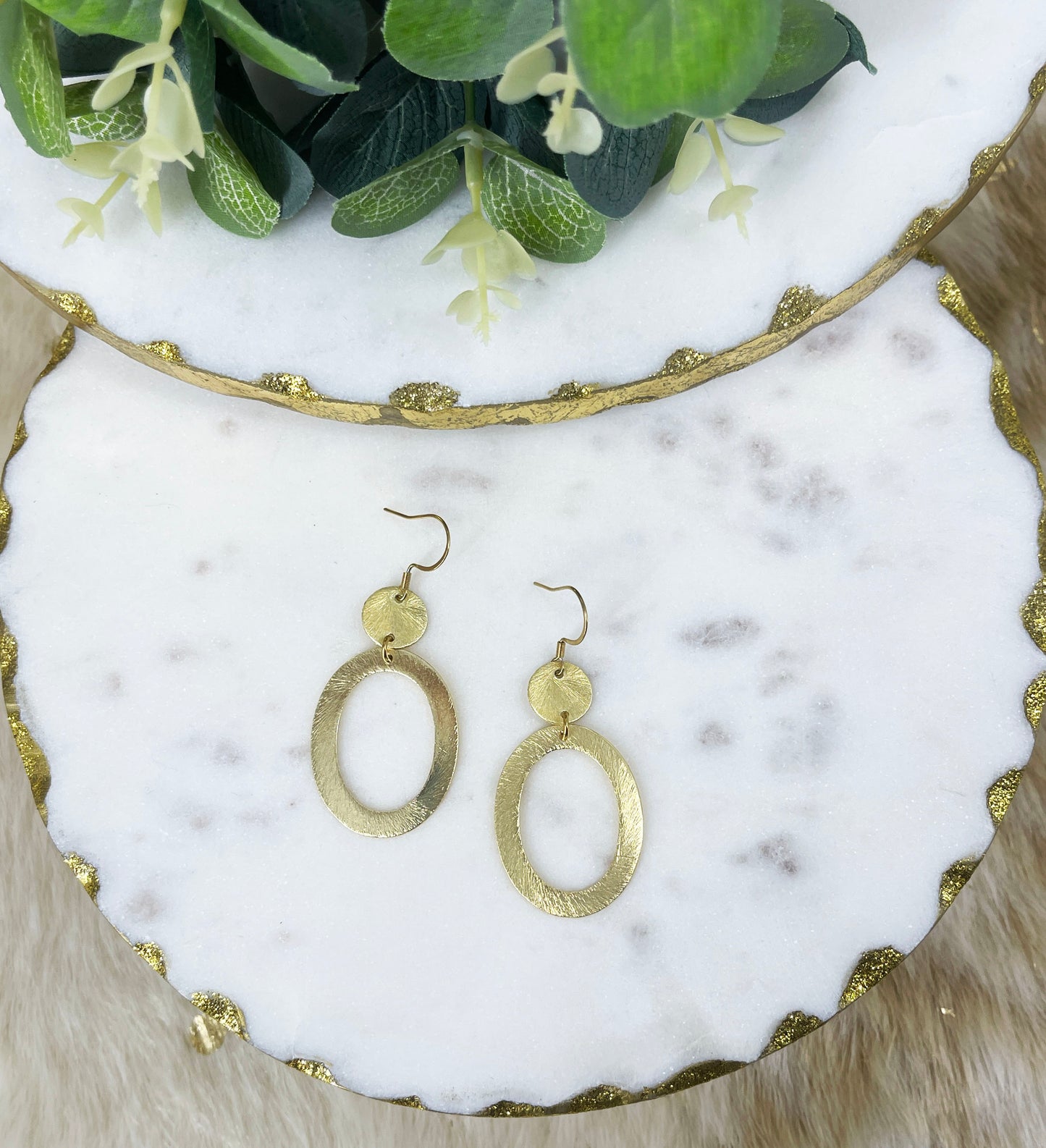 Brushed Gold Oval Pendant Earrings