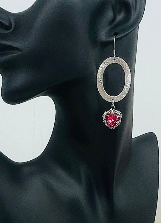 Brushed Silver Oval & Rhinestone Drop Earrings