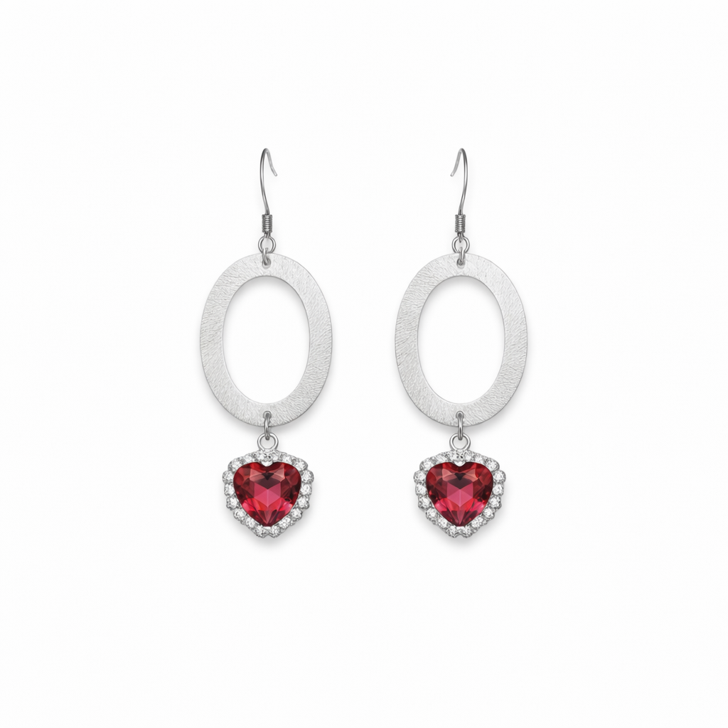 Brushed Silver Oval & Rhinestone Drop Earrings