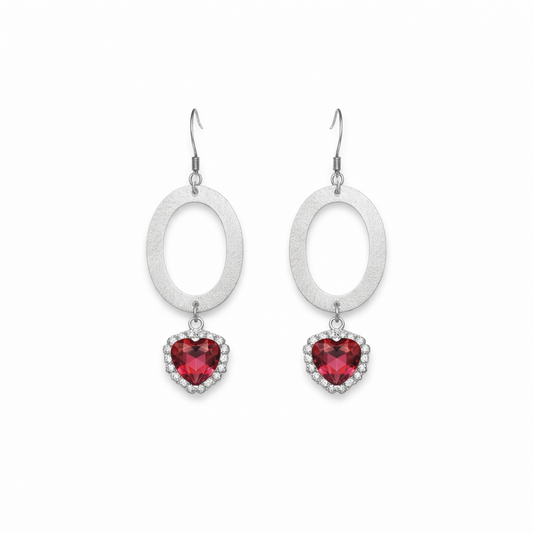 Brushed Silver Oval & Rhinestone Drop Earrings