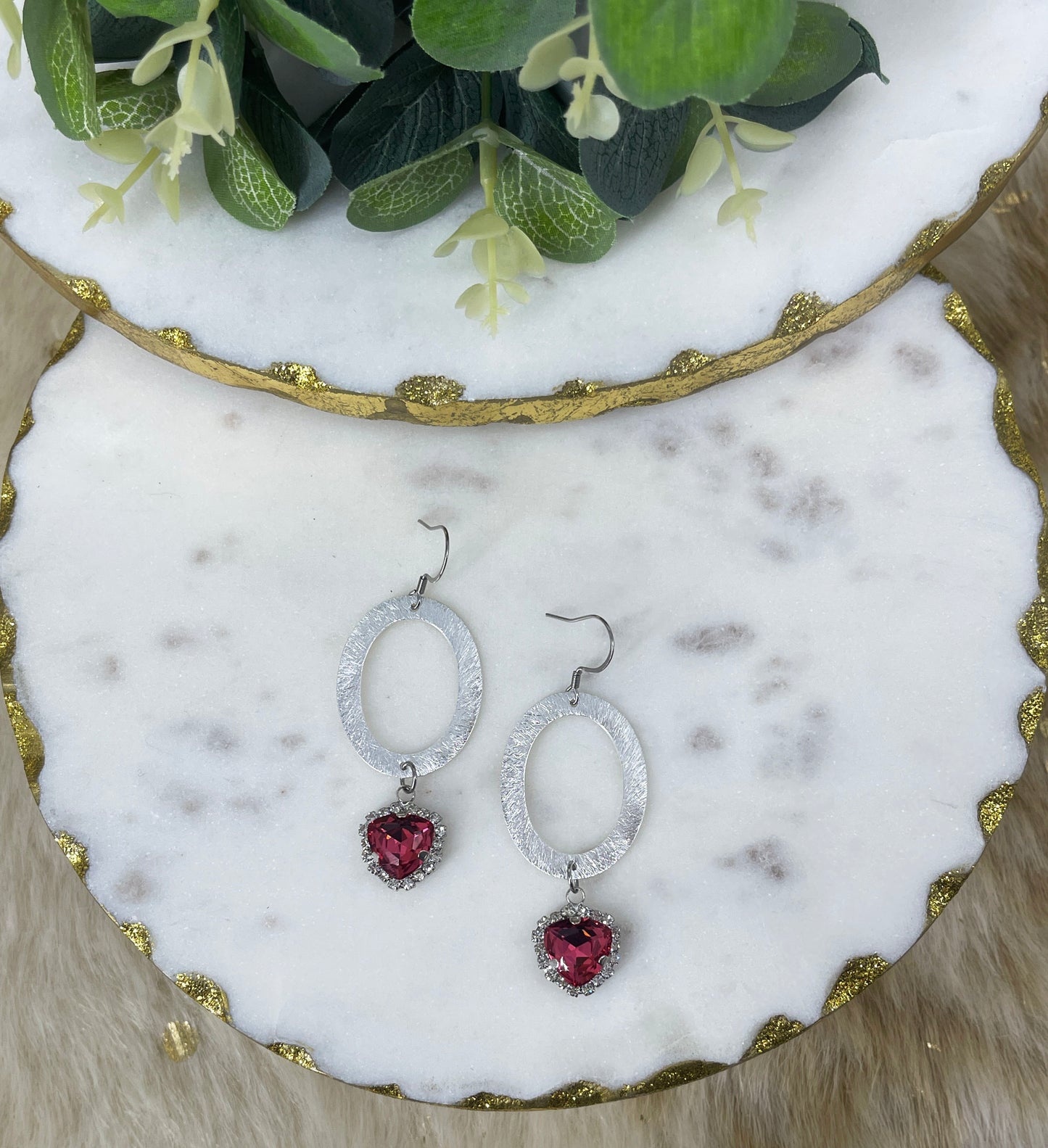 Brushed Silver Oval & Rhinestone Drop Earrings