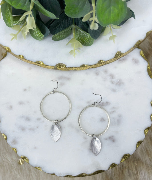 Brushed Silver Hoop & Leaf Drop Earrings