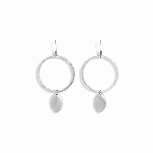 Brushed Silver Hoop & Leaf Drop Earrings