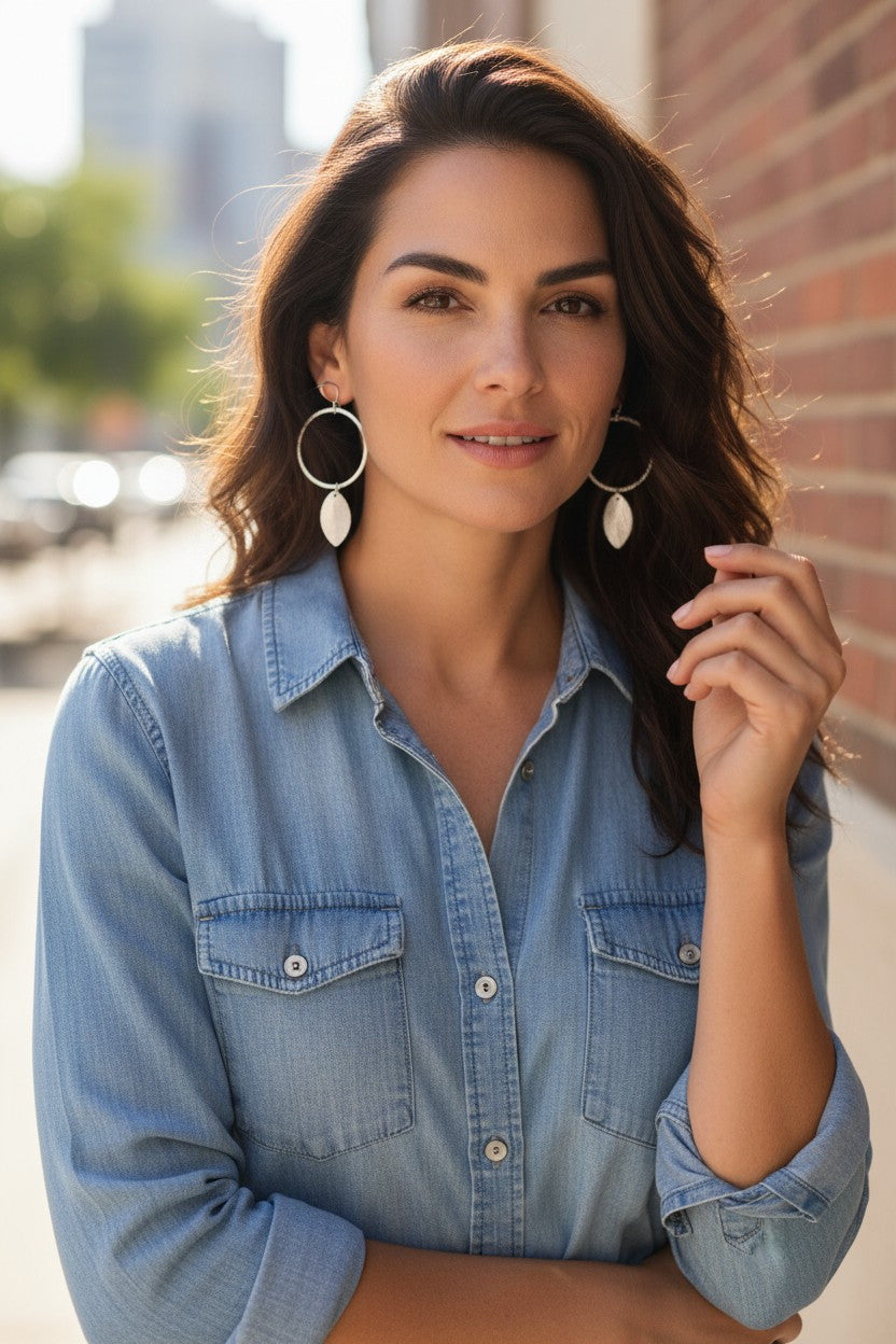 Brushed Silver Hoop & Leaf Drop Earrings