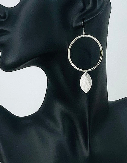 Brushed Silver Hoop & Leaf Drop Earrings